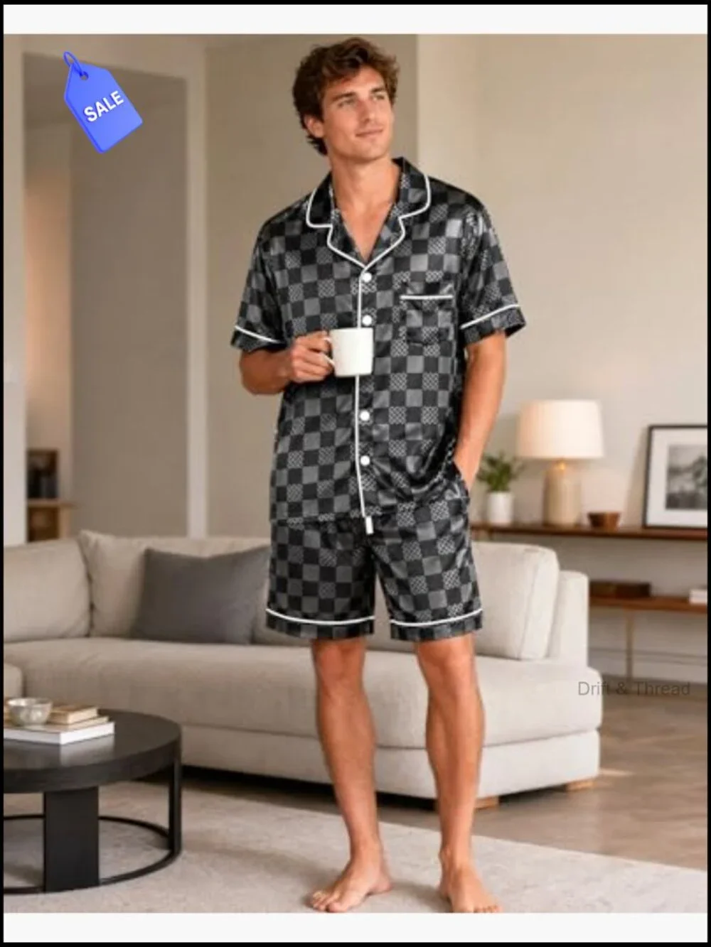 Mens Silky Satin Pajama Set Short Sleeve Button Down Summer Sleepwear M-2XL